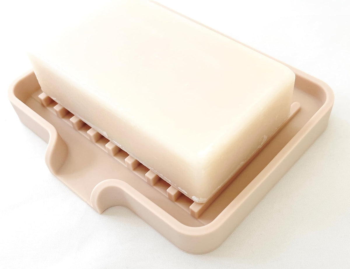 Happitasa Silicone Soap Dish Tray and Sponge Holder with Drain Chute, Pack of 2 | Bathroom and Kitchen Sink Organizer Caddy (Sand Dollar, 5.2"x4", 7.2 Ounces)