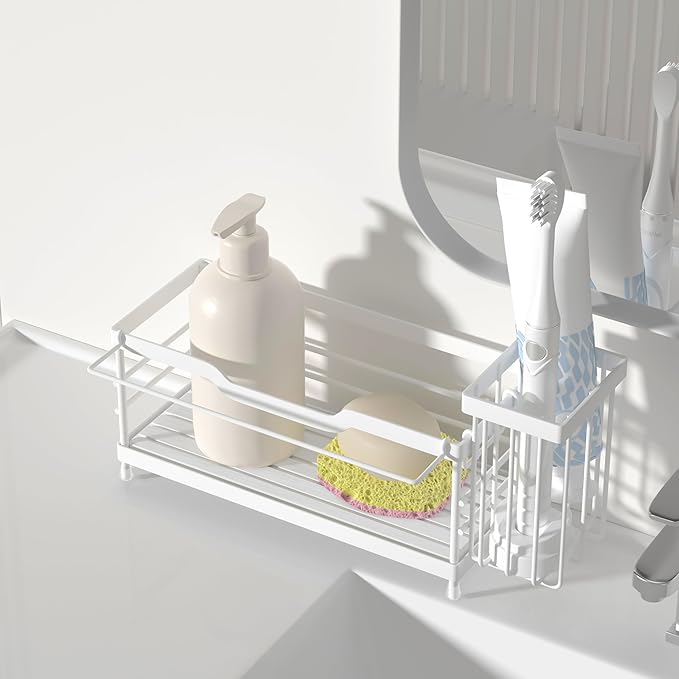 Sponge Holder for Kitchen Sink,Sink Caddy Organizer with Stone Drying Tray, Stainless Steel Kitchen Countertop Organizer for Sponge Soap Dispenser White