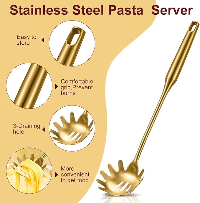 Patelai 2 Pcs Stainless Steel Pasta Spoon with Teeth Large Spaghetti Utensil, 9.4'' Tong and 13.6'' Pasta Fork with Vacuum Handle, Comfortable Grip Design Spoons for Kitchen