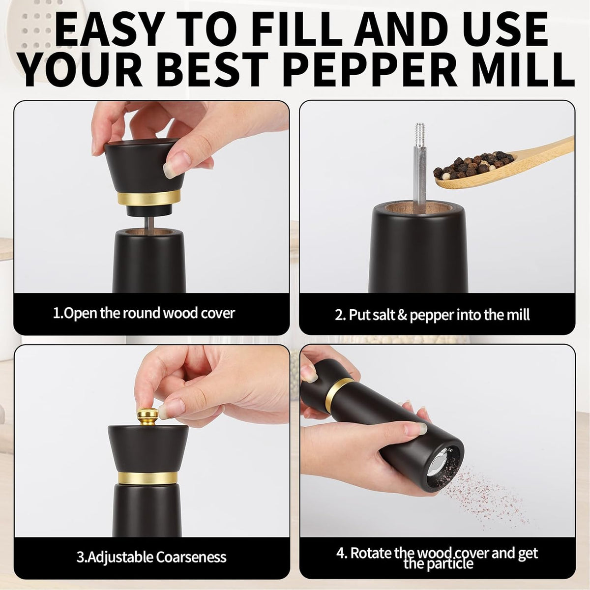 Wooden Pepper Grinder, Salt grinder Refillable with adjustable Coarseness, Acacia Wood pepper grinder manual, Salt and Pepper Shakers-Ideal for Gifting