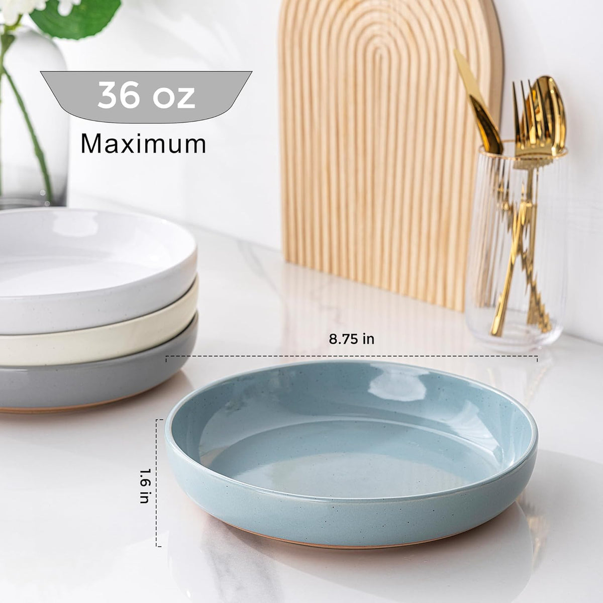 AmorArc 8.75'' Large Ceramic Pasta Bowls, 36oz Handpainted Stoneware Bowls Set of 4, Microwave&Dishwasher Safe Bowls with Rustic Terracotta Underside for Pasta Salad, Multi-Color