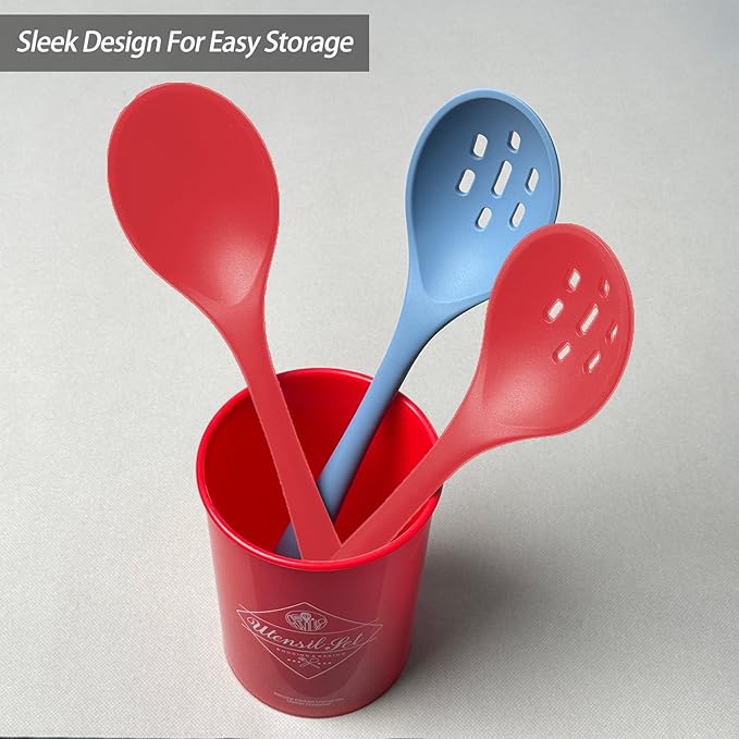 Silicone Spoons for Cooking - Extra Large Kitchen Spoons for Mixing, Serving, & Stirring - 600°F Heat-Resistant Non Stick Utensils Ladle & Skimmer- Dishwasher Safe, Red