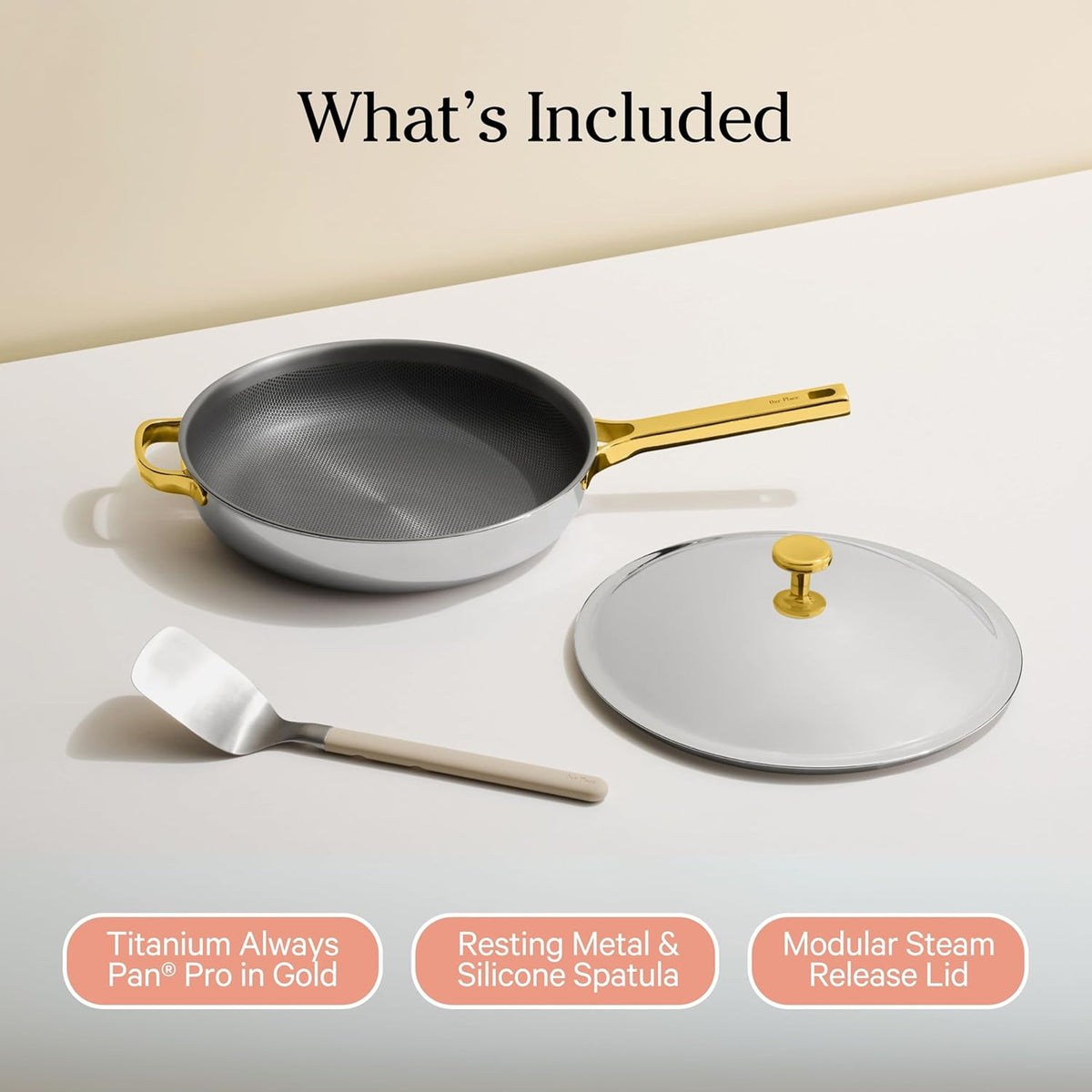Our Place Titanium Always Pan Pro - 10.6” (2.8 Qt) No-Coating Nonstick Skillet | Tri-Ply Titanium & Stainless Steel | Safe for Oven, Induction & All Cooktops up to 750°F | Includes Spatula | Gold