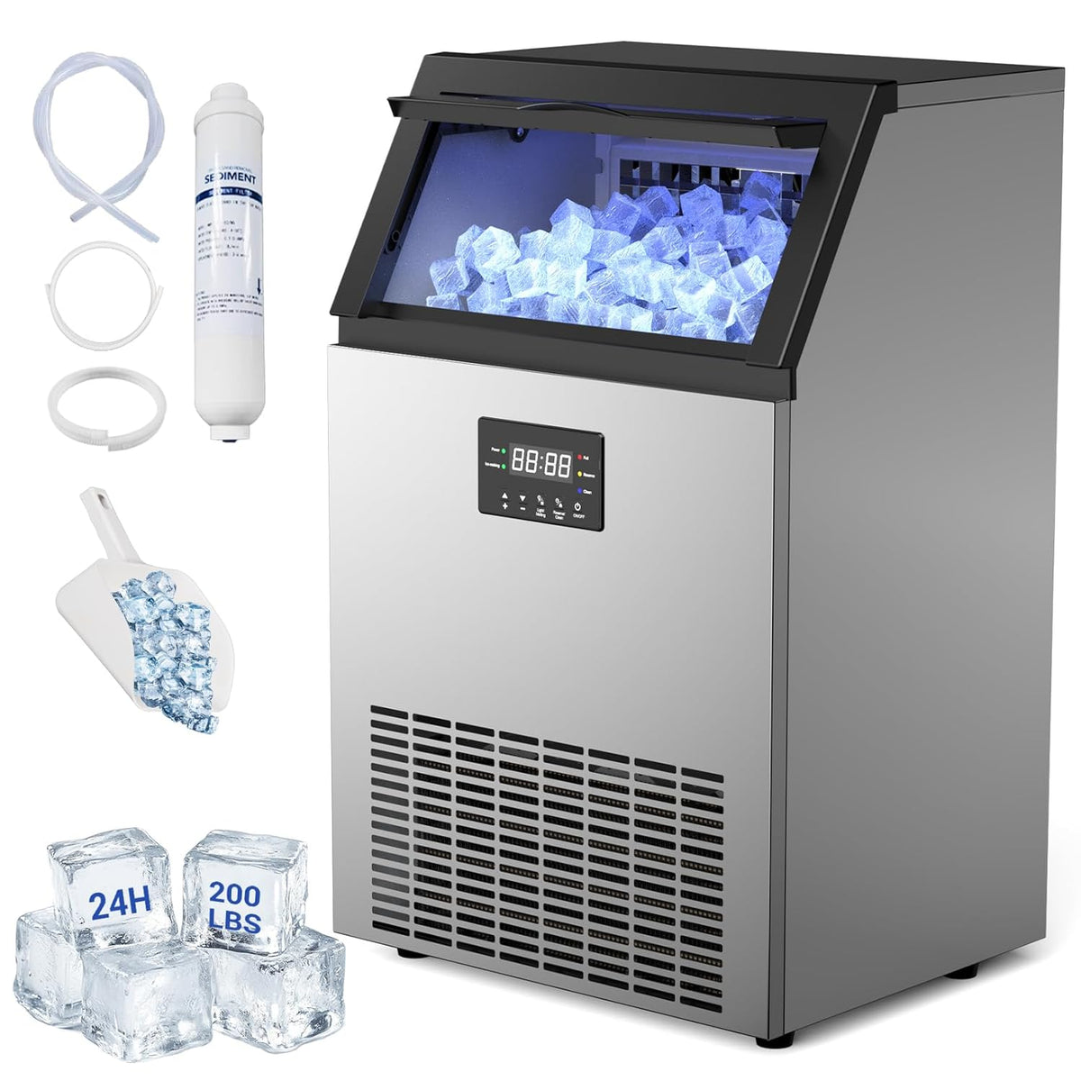 Commercial Ice Maker Machine 200LBS/24H, Under Counter Ice Machine with 50 LBS Storage Bin, 55 Ice Cubes in 8-12 Mins, Self Cleaning Free Standing Ice Maker for Home/Bar/Restaurant (200LBS / 24H)