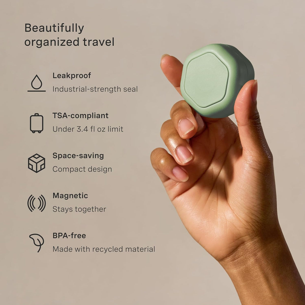 Cadence Travel Containers Basic Skincare Set - Magnetic Containers with Lids,Carry On Travel Essentials For Women/Men - 3 Small Capsules (0.56oz) - Cleanser, Moisturizer & Sun-Icon Labels - Eucalyptus