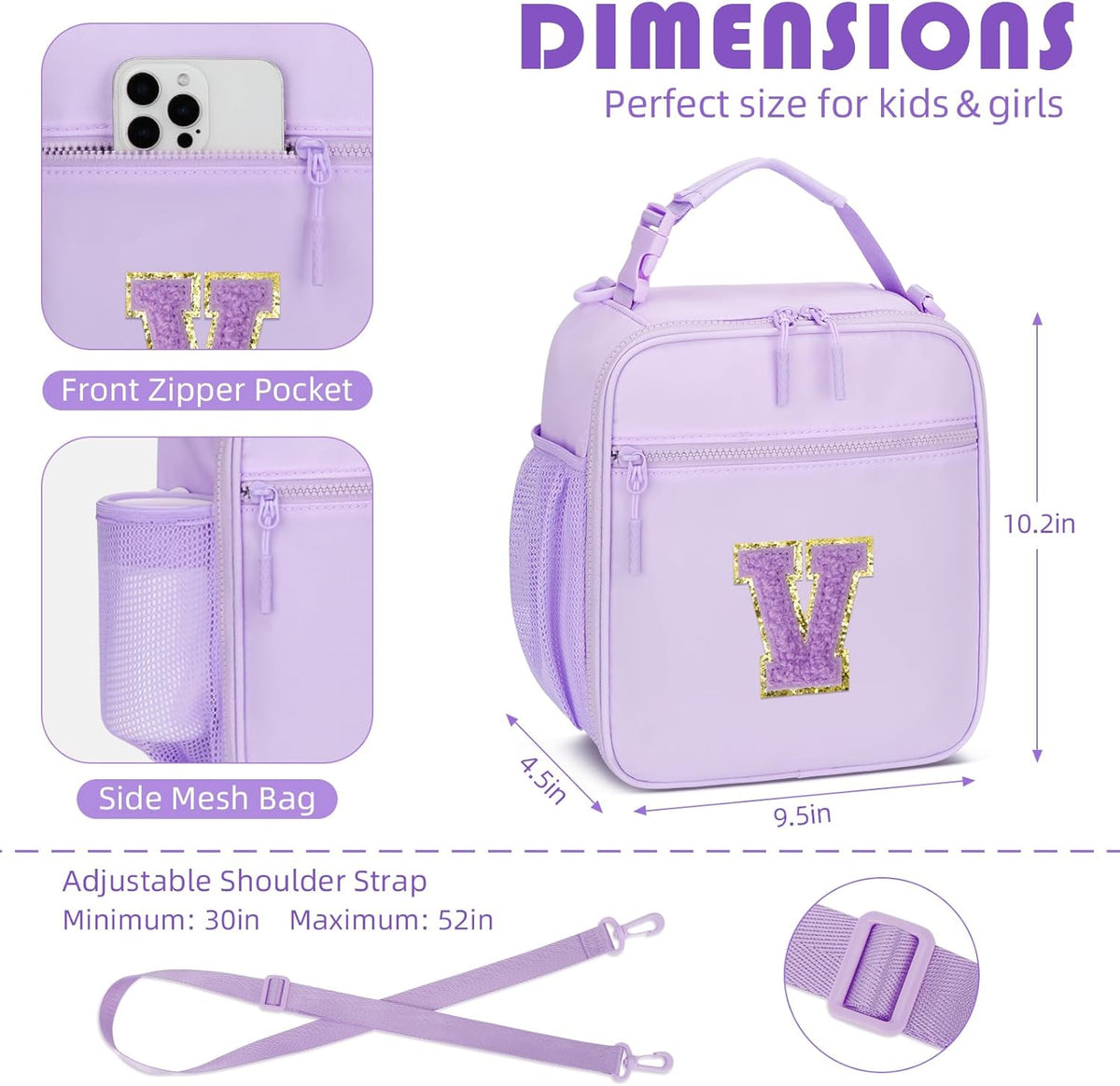 Initial Insulated Lunch Bag for Girls Kids, Back to School Gift, Reusable Leak-proof Lunch Box with Adjustable Strap for School Daycare Travel Picnic (Purple,V)