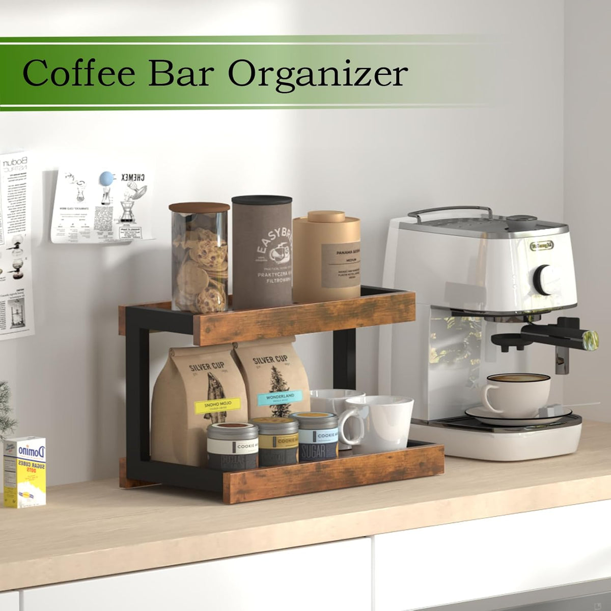 MARTY 2 Tier Spice Rack Organizer for Countertop, 15.8''L Coffee Station/Bathroom Organizer Countertop, Counter Shelf Desktop Storage Organizer for Kitchen, Bedroom, Office (Rustic Brown)
