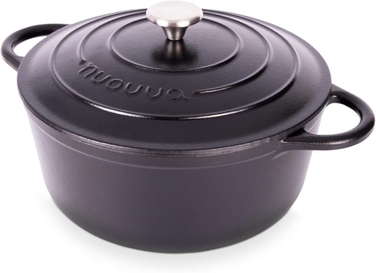 Nuovva Enamelled Cast Iron Dutch Oven Pot with Lid – 6.4 Quart Non Stick Casserole Pot – Heavy Duty & Oven Safe up to 500° F for Bread Baking, Braising, Stews, Roasting – 28cm Black