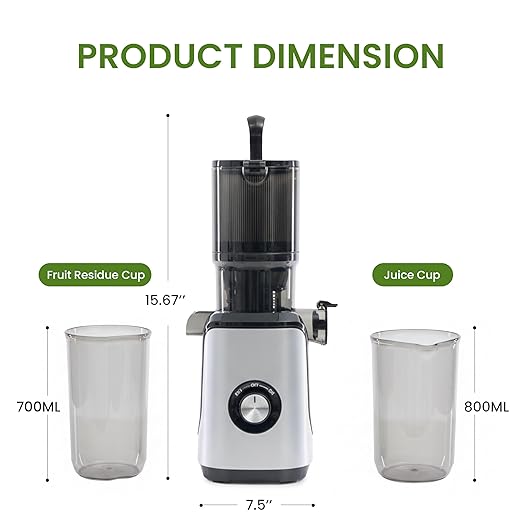 Simple Deluxe Cold Press Juicer, Slow Masticating Juicer Machines with Wide Feed Chute, Fits Whole Fruits and Vegetables, High Juice Yield, BPA Free, Easy to Clean, Silver