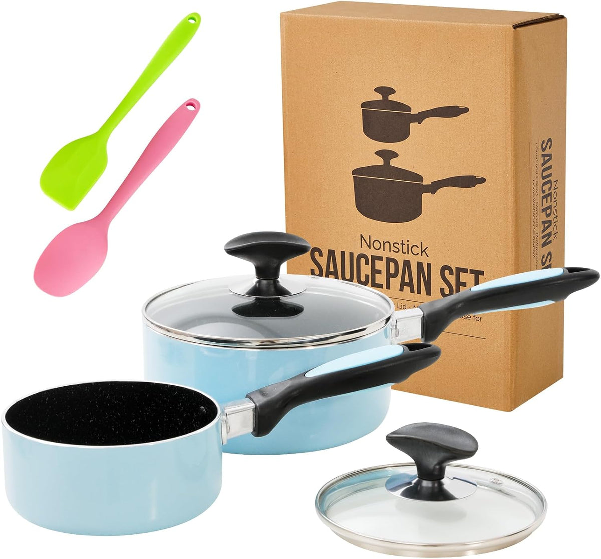 Nonstick Saucepan Set with Lid, Non Stick 1Qt & 2Qt Sauce Pan Set with Glass Lid Small Pot for Home Kitchen