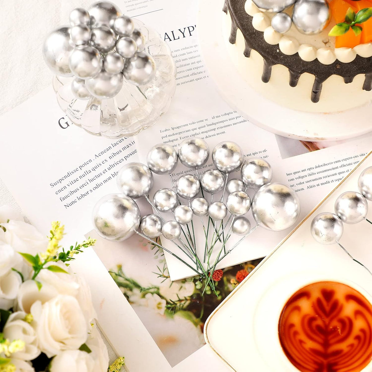 108 Pcs Balls Cake Topper DIY Cupcake Insert Foam Balloons for Cake Baking Wedding Anniversary Birthday Decoration(Silver,Multi Sizes)