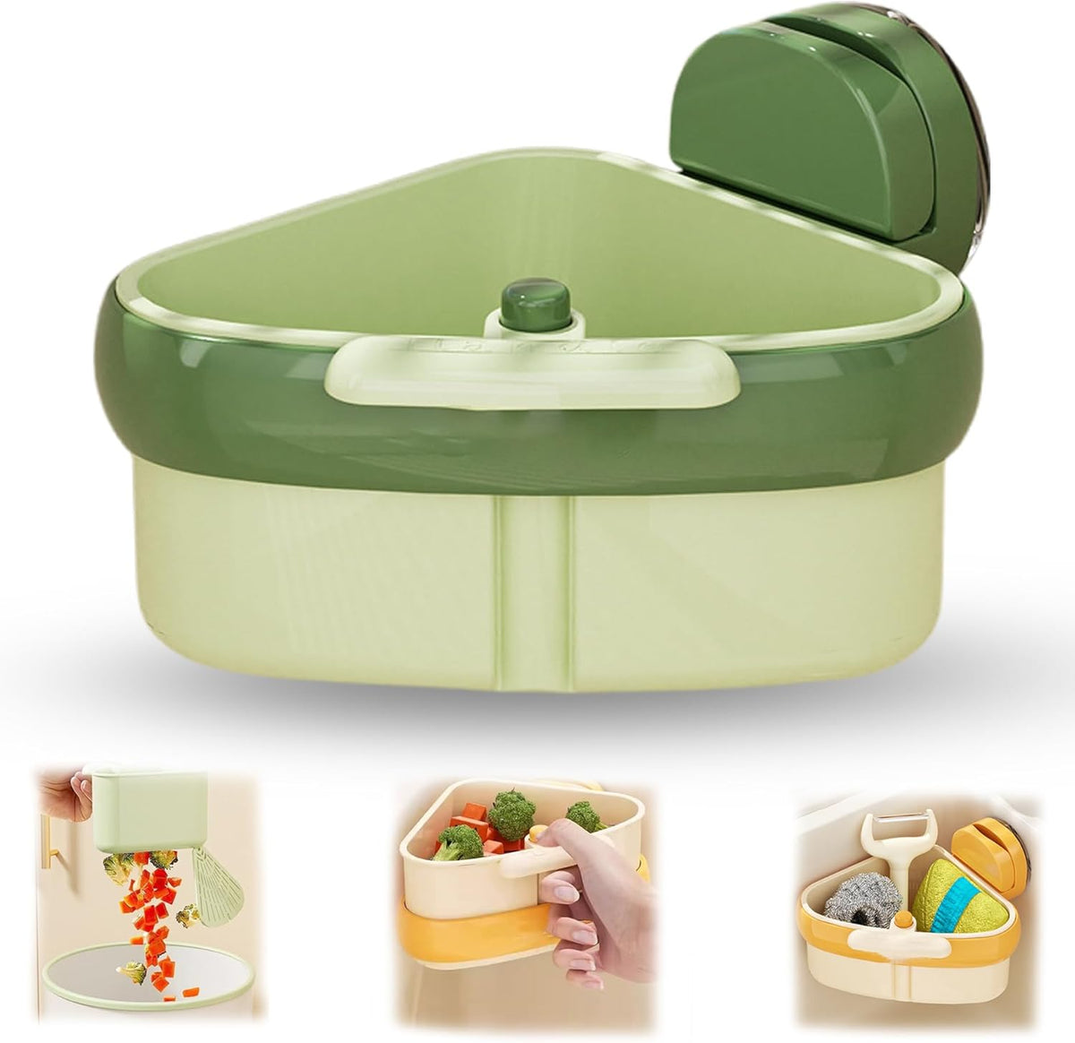 Suction Cup Sink Corner Rack, Suction Cup Press Sink Drainer Basket, Kitchen Sink Food Catcher, Sinks Trash Food Waste Catcher, Triangle Storage Rack with Drain Hole (Green)
