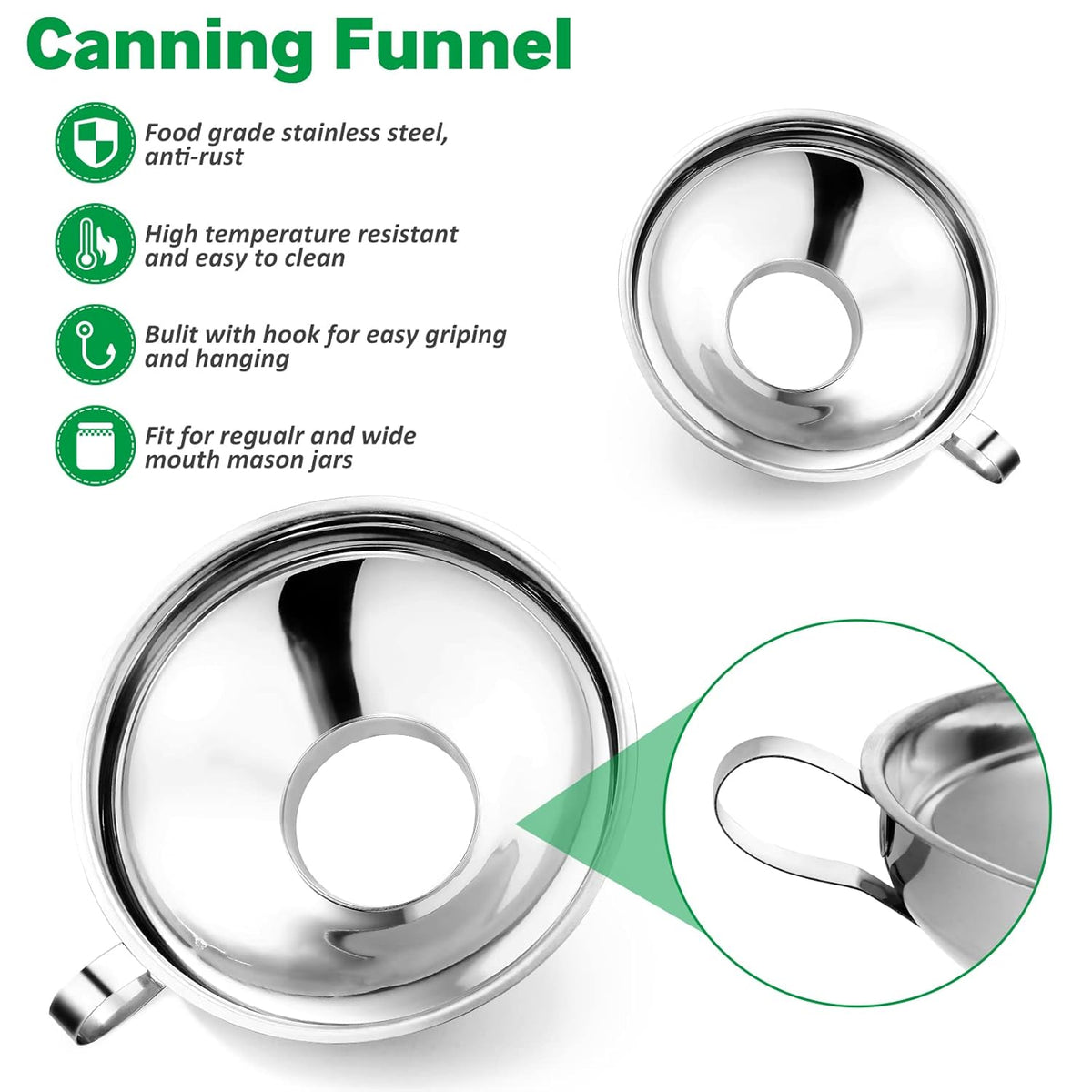 Canning Funnel with Strainer, Food Grade Funnel for Kitchen Use, Metal Large & Small Wide Mouth Funnels for Mason Jars, Stainless Steel & Dishwasher Safe