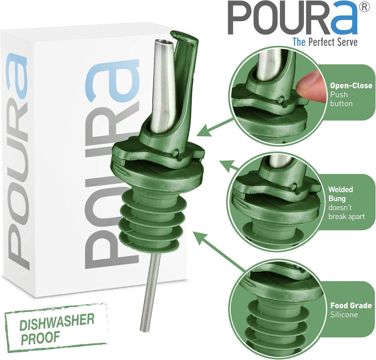 AIRTIGHT Olive Oil Pour Spout for Olive Oil Dispenser - UK Patented Oil Pourer - Hygienic One Handed Open Close Mechanism Keeps Oil Fresh. Dust Caps Cover | Screens Alternative - Green 2 PCs