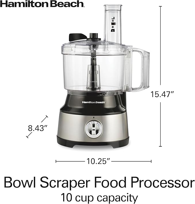Hamilton Beach Food Processor & Vegetable Chopper for Slicing, Shredding, Mincing, and Puree, 10 Cups + Easy Clean Bowl Scraper, Black and Stainless Steel (70730)