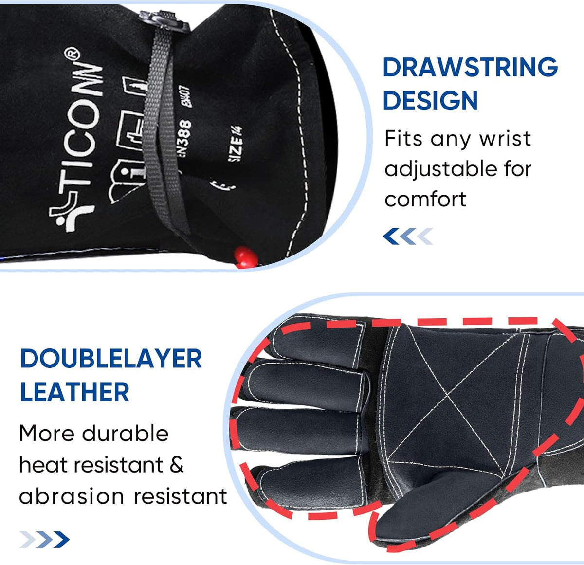TICONN Welding Gloves, 16 IN L/XL/XXL 1000°F Heat-Resistant Fireproof Leather Gloves for Welders, Stick, Forge, Mig, Tig, BBQ