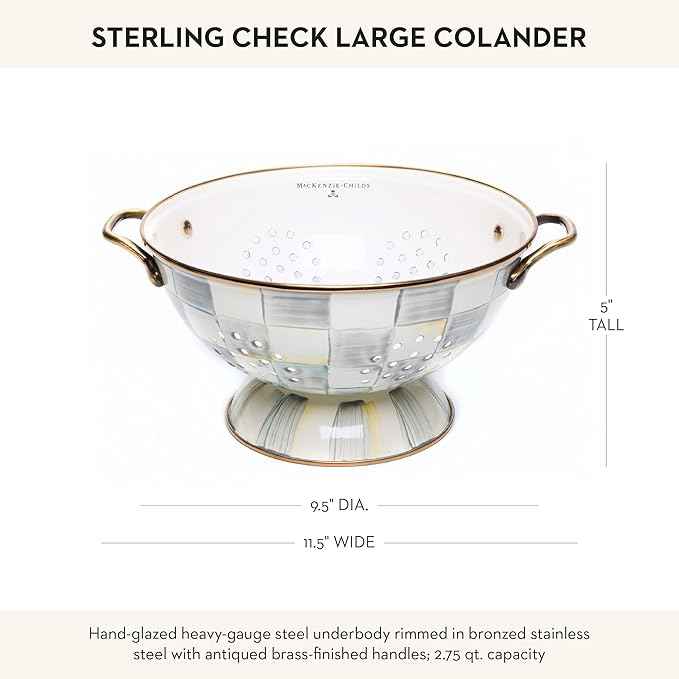 MACKENZIE-CHILDS Enamel Colander, Decorative Kitchen Strainer, Large, Gray-and-White Sterling Check