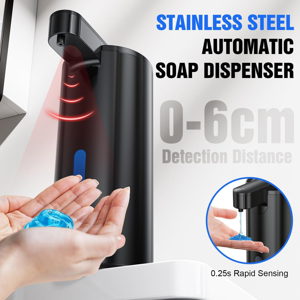 Automatic Soap Dispenser Touchless, Stainless Steel 11.5 oz 3 Levels Adjustable Hand Soap Dispenser with Rechargeable Sensor Pump for Kitchen & Bathroom Liquid Soap, Black