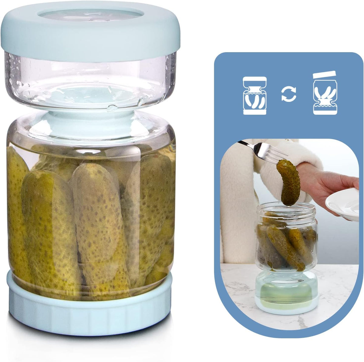 Luvan Pickle Jar with Strainer Flip, 34oz Pickle Container, Glass Kraut Juice Separator Jar-Leakproof Airtight Lid, Hourglass Food Storage Flip Jar for Olive,Jalapeno,Sliced Pickles-Dishwasher Safe
