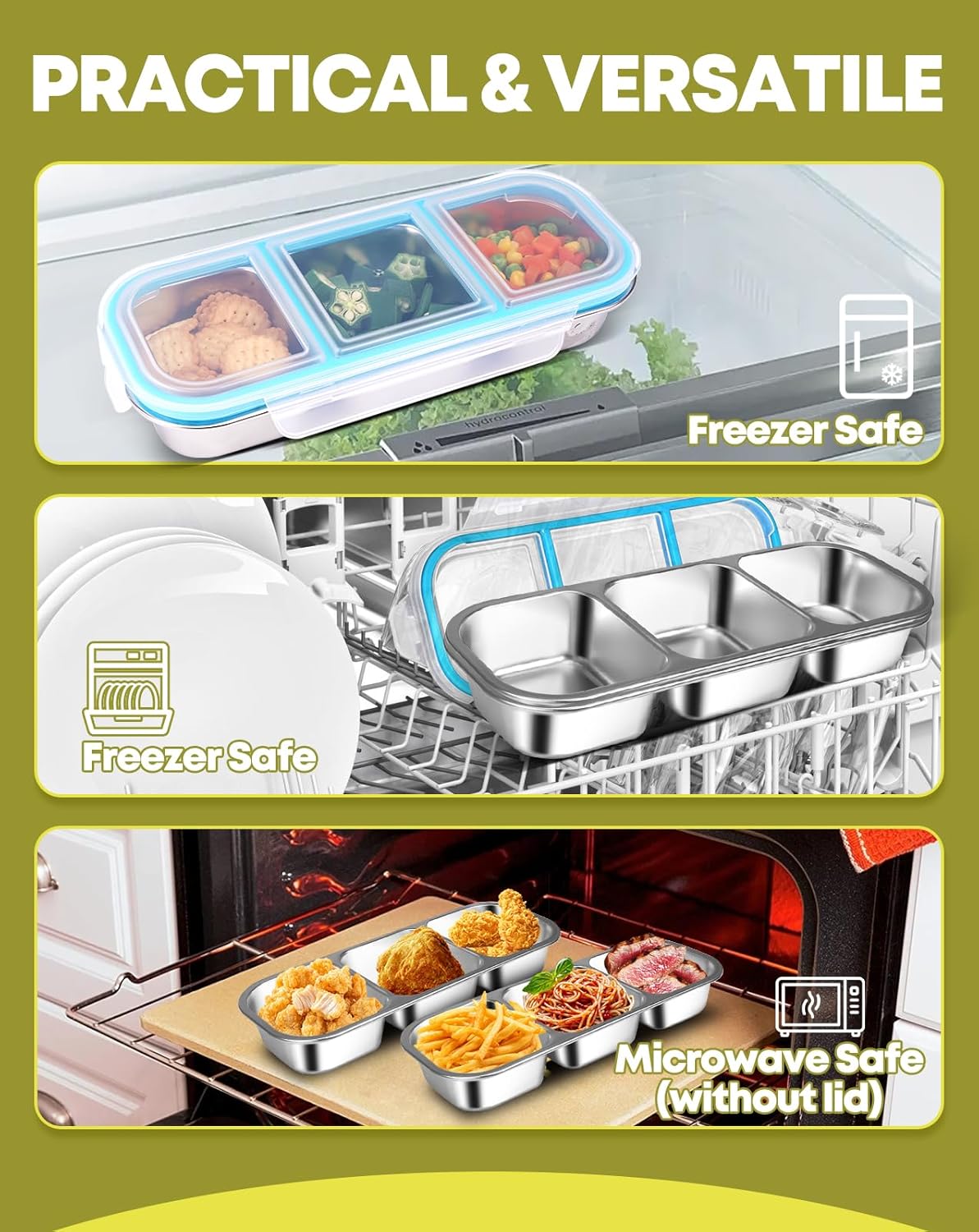 2Pack Stainless Steel Snack Containers for Kids Adults, Reusable 3 Compartment Snackle Box Container with Leakproof Lids Metal Bento Lunch Boxs Food Storage Containers for Travel Picnics Office School