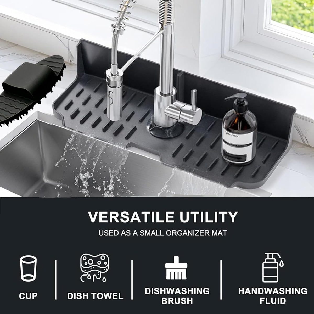 Kitchen Sink Splash Guard，Sink Draining Pad Behind Faucet，Faucet Mat for Kitchen Sink，Comes with a Silicone Brush for Cleaning Drying Mat for Countertop Protect