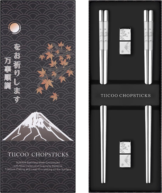 Metal Chopsticks Reusable 2 Pairs Titanium Plated 18/8 Stainless Steel Chopsticks with Holder, Dishwasher Safe Non-Slip Japanese Style Laser Engraved Chop Sticks Gift Set (Silver)