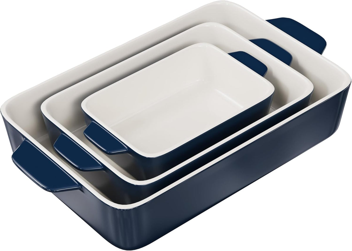 Kook Casserole Dish, Ceramic Baking Dish, Large Lasagna Pan Deep for Oven, 8.5 x 14, 11 x 7, 8 x 5, Set of 3, 92oz, 50oz, 20oz, Baking Pan with Handles, Oven Safe and Durable, Home, Gift, (Navy)