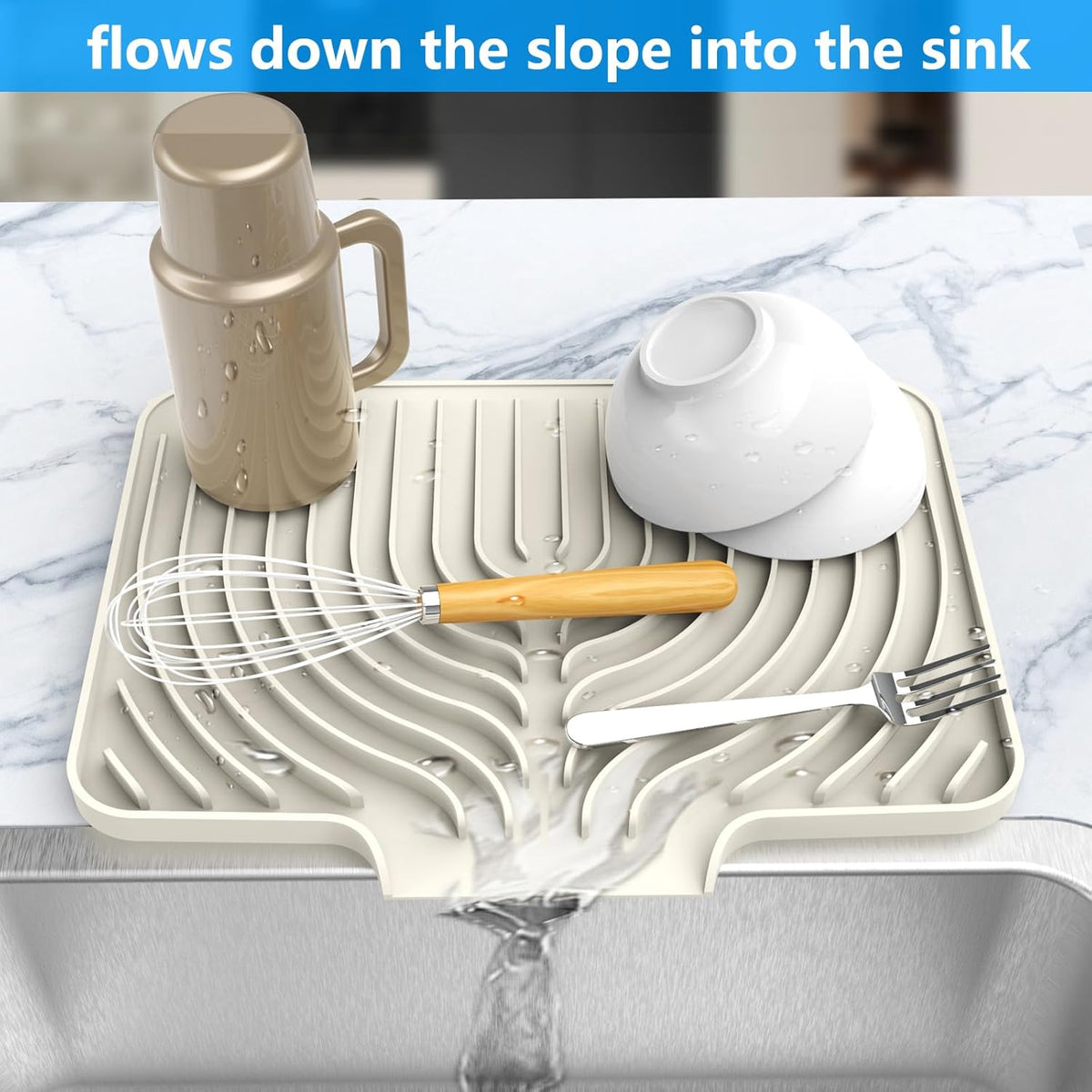 Dish Drying Matt for Kitchen Counter,14.6"×11"Silicone Dry Rack Mat with Built in Drain, Kitchen Dry Mats for Dishes Drying Pad for Counter(14.6"×11"Cream)