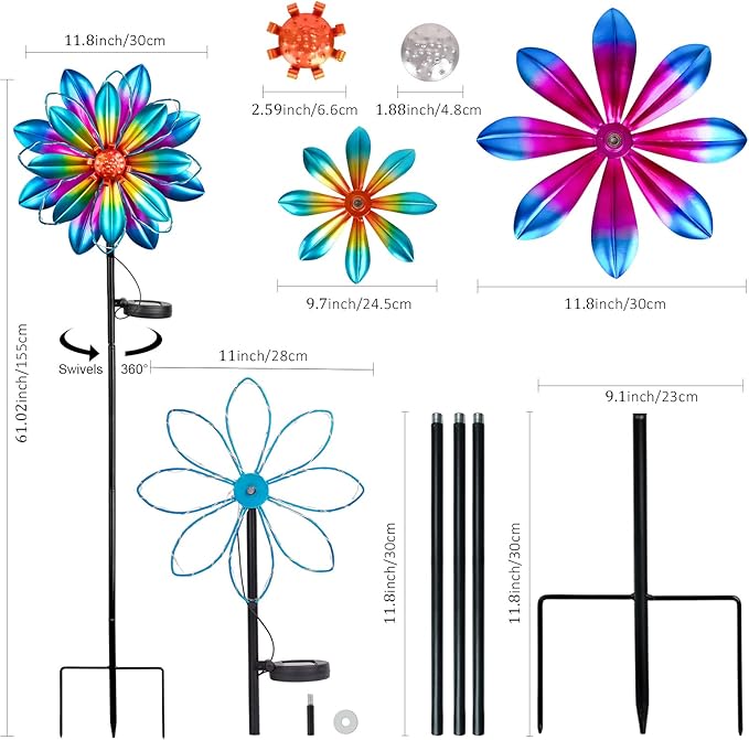 Flower Solar Wind Spinners- Metal Colorful Spinning Windmill Garden Ligths with LED Outdoor Decorative Stake Lighting Waterproof Flower Sculpture for Patio Yard