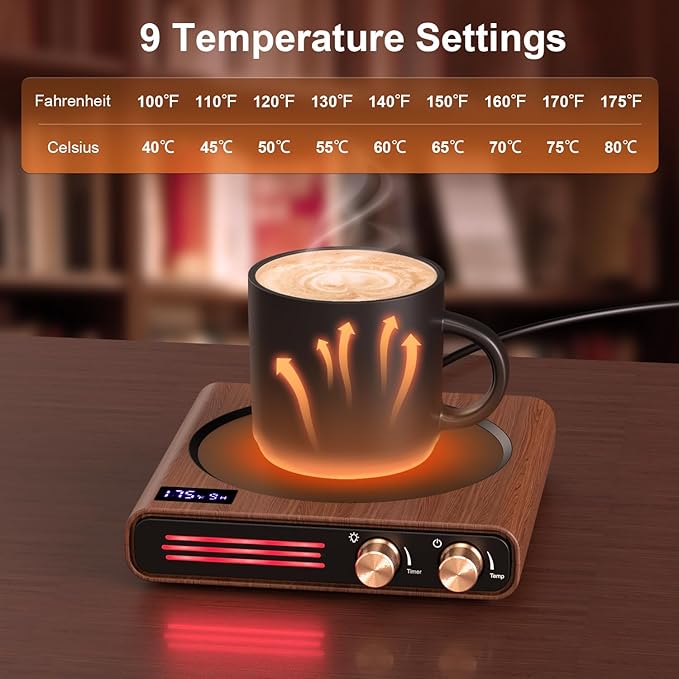 Mug Warmer, CEROBEAR 50W Coffee Cup Warmer for Desk with 9 Tempreture Settings, 1-9Hrs Auto Shut Off Smart Candle Warmer with LED Lights, Electric Beverage Warmer Plate for Coffee, Tea, Water, Milk