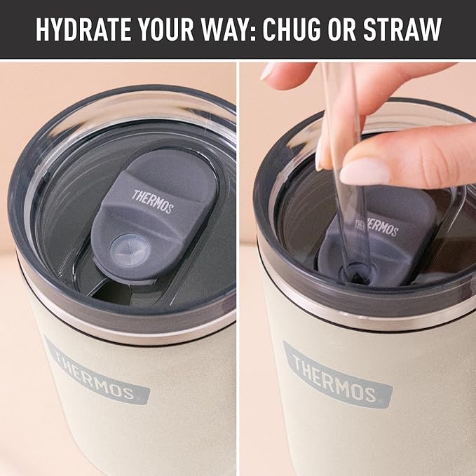 THERMOS Stainless Steel Cup Holder Mug - 40 Ounce, Sandstone - Insulated Tumbler with Lid and Straw, Plus Leak-Resistant Slide Lock