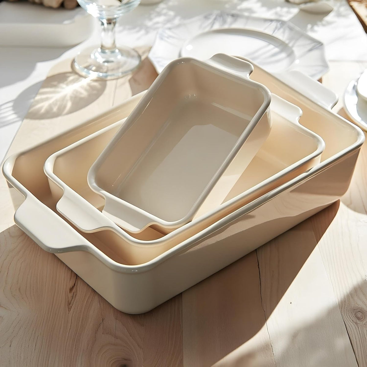 Kook Casserole Dish, Ceramic Baking Dish, Large Lasagna Pan Deep for Oven, 8.5 x 14, 11 x 7, 8 x 5, Set of 3, 92oz, 50oz, 20oz, Baking Pan with Handles, Oven Safe and Durable, Home, Gift, (Cream)