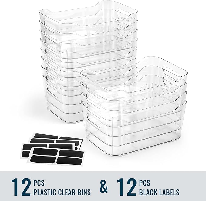 12 PACK Multi-Use Clear Plastic Storage Bins for Organizing w/ Labels - Home, Kitchen, Bathroom, Office, Pantry Cabinet Shelf Organizer Bins - SOHO Collection, RV, Fridge Organization Containers