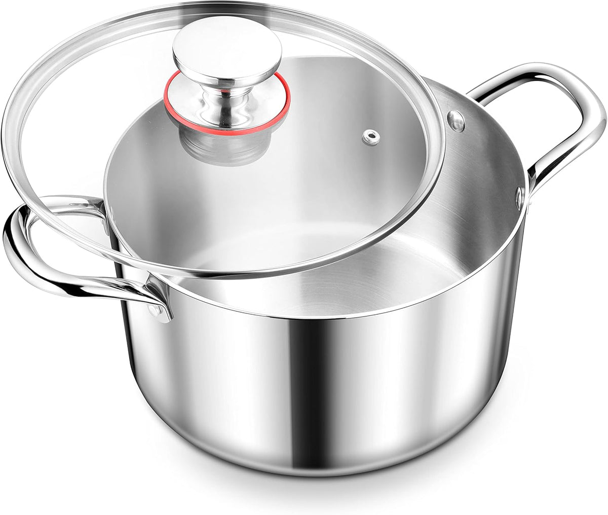 Herogo 6 Quart Stock Pot, 18/10 Stainless Steel Pasta Stockpot with Lid, 6 QT Cooking Pot with Handles, Tri-Ply Stockpot for Induction Gas Electric Stove, Dishwasher Safe