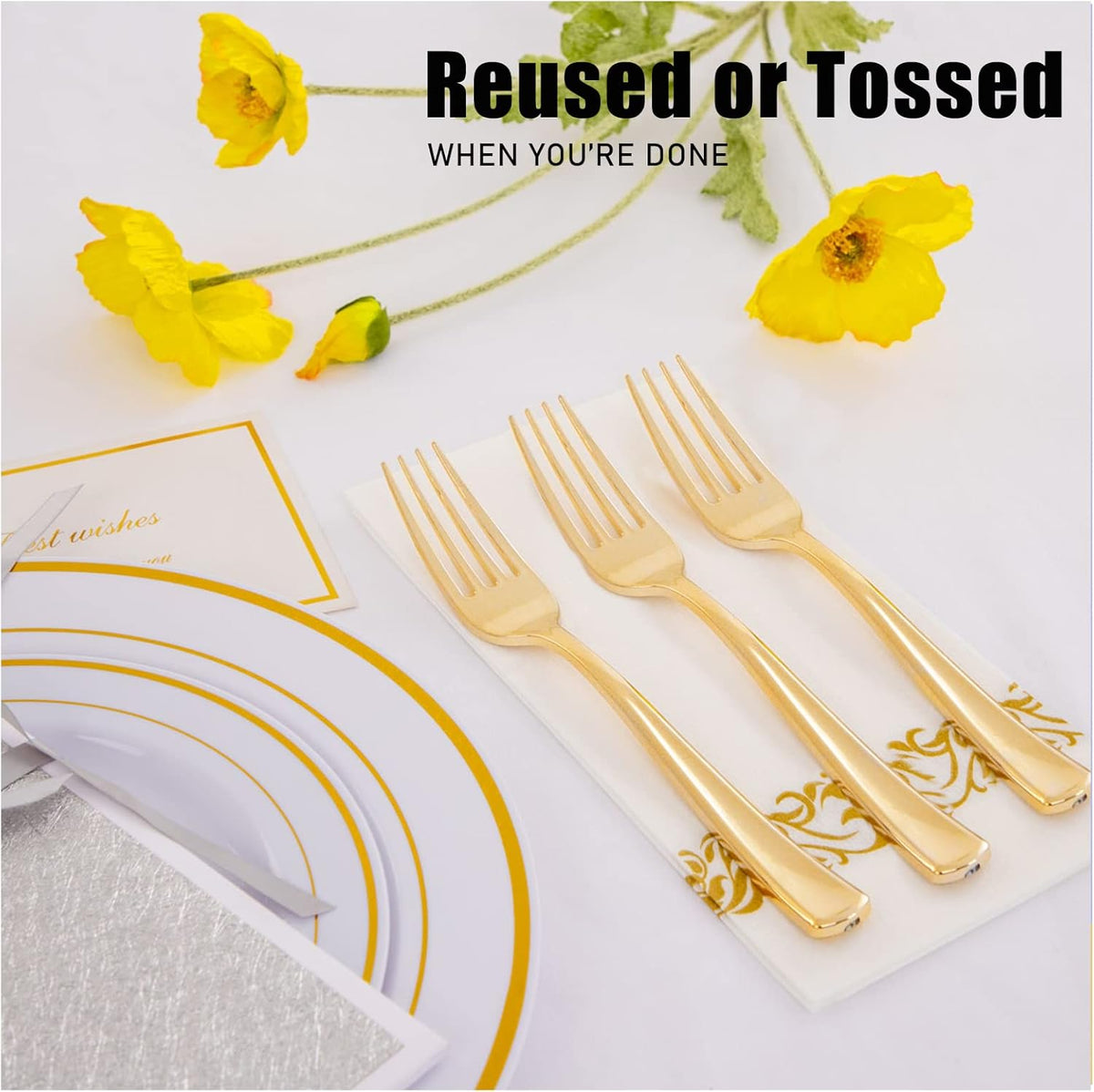 WDF 100 Pcs Gold Plastic Forks Heavy Duty - BPA-FREE, Sturdy&Durable Forks Disposable 7.4inch - Elegant Gold Forks for Dessert, Durable Plastic Cutlery for Party, Wedding or Daily Using