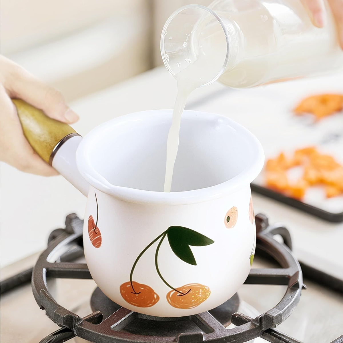 Enamel Milk Pot, Small Saucepan Butter Warmer 4 Inch 17 Oz with Wooden Handle for Heating Smaller Liquid Portions