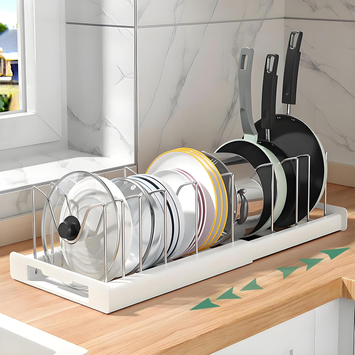Pot and Pan Organizer, Expandable Pots and Pans Organizer Under Cabinet, Pot Lid Holder with 10 Adjustable Compartment for Bakeware, Cutting Boards, Lid, Dishes, Cookware (1 Pcs)