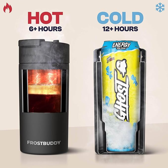 Frost Buddy Universal Can Cooler - Fits All - For Regular 12 & 16 oz or Slim-Size Bottles - Insulated Double-Walled Stainless Steel (MatteBlack)