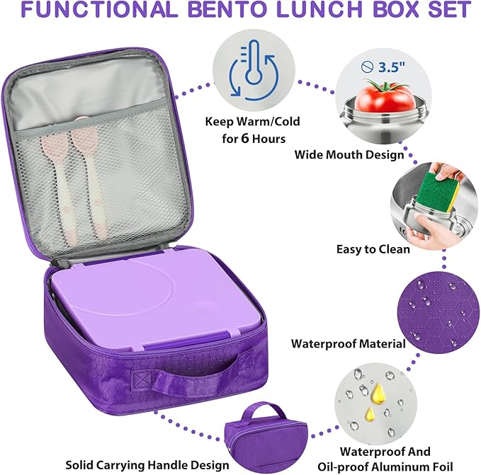 Bento Lunch Box Set for Kids with 8oz Soup Thermo, Leak-Proof Lunch Containers with 4 Compartment, Kids Thermo Hot Food Jar and Insulated Lunch Bag for Kid to School-Purple