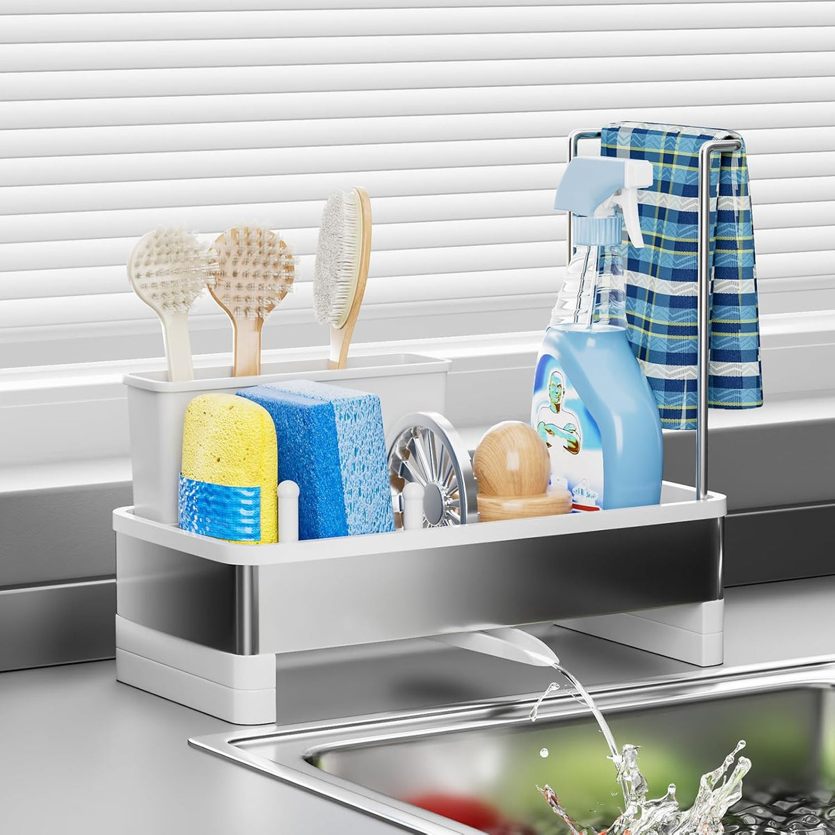 Stainless Steel Sink Caddy, Sponge Holder for Kitchen Sink with Brush Holder & Dishcloth Rack, Rustproof Organizer Countertop, Soap Dispenser Kitchen Organizers Storage Essentials, White