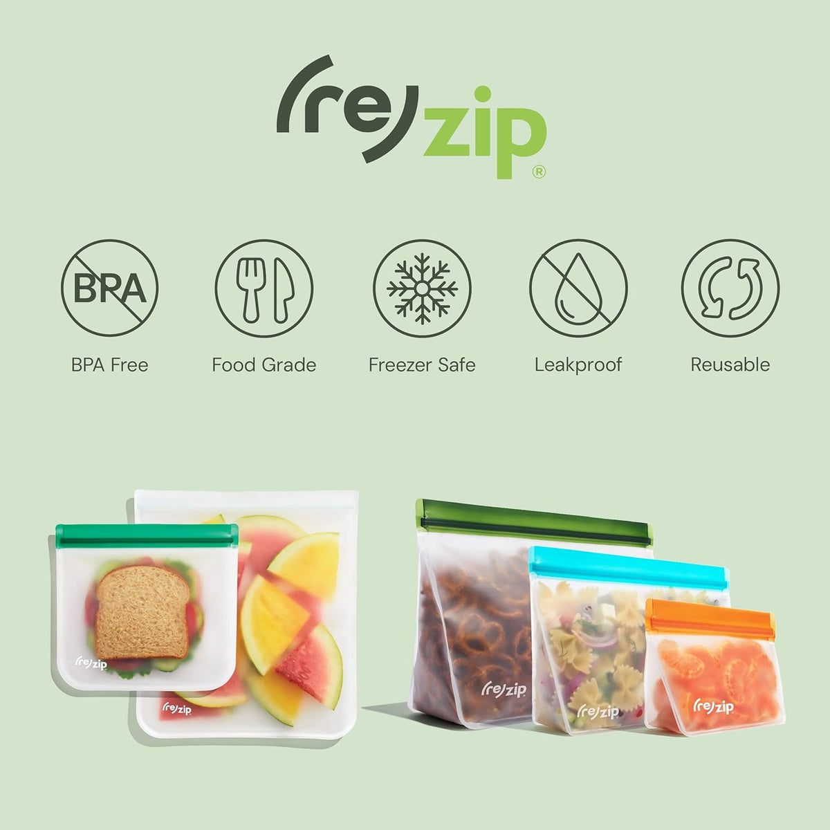 (re) zip 3-Piece Stand-Up Reusable Bag Kit | BPA-Free, Food Grade, Leakproof, Travel Friendly, Freezer and Dishwasher Safe | Quart (1), 2-Cup (1), Snack Size (1) | Gray