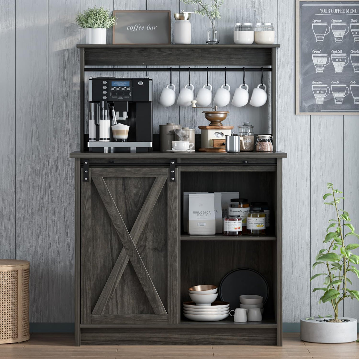 4ever2buy Farmhouse Coffee Bar with Hutch, 31 Inch Buffet Cabinet with Sliding Barn Door, Storage Bar Cabinet with 6 Hooks, Coffee Bar Table with Adjustable Shelves for Living Dining Room, Grey