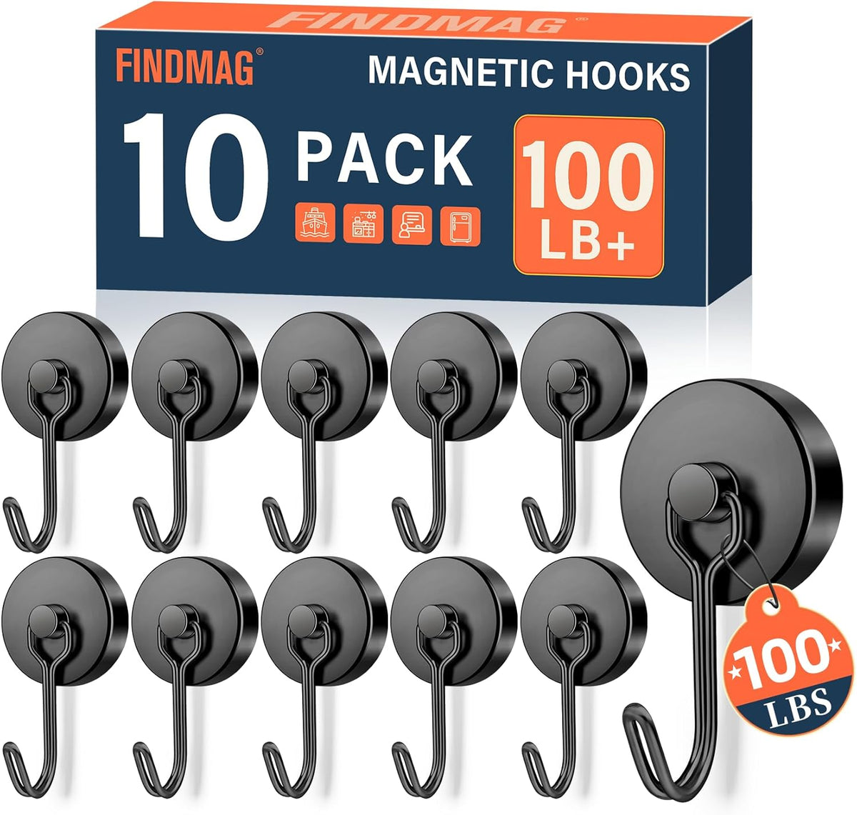 FINDMAG 100 LBS Magnetic Hooks, Super Strong Magnet with Hook for Cruise Cabins, Magnetic Hooks Heavy Duty for Classroom, Black Swivel Swing Hook for Hanging, Cruise, Locker Accessories, Refrigerator