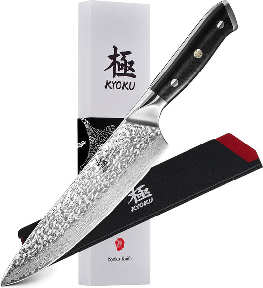 KYOKU Chef Knife - 8"- Shogun Series Japanese VG10 Steel Core Hammered Damascus Blade Kitchen Knife - with Sheath & Case