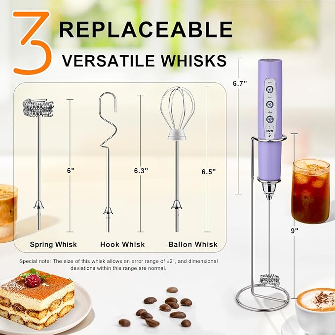YUSWKO Light Purple Rechargeable Milk Frother for Coffee with Stand, Handheld Drink Mixer with 3 Heads 3 Speeds Electric Stirrers for Latte, Cappuccino, Hot Chocolate, Egg