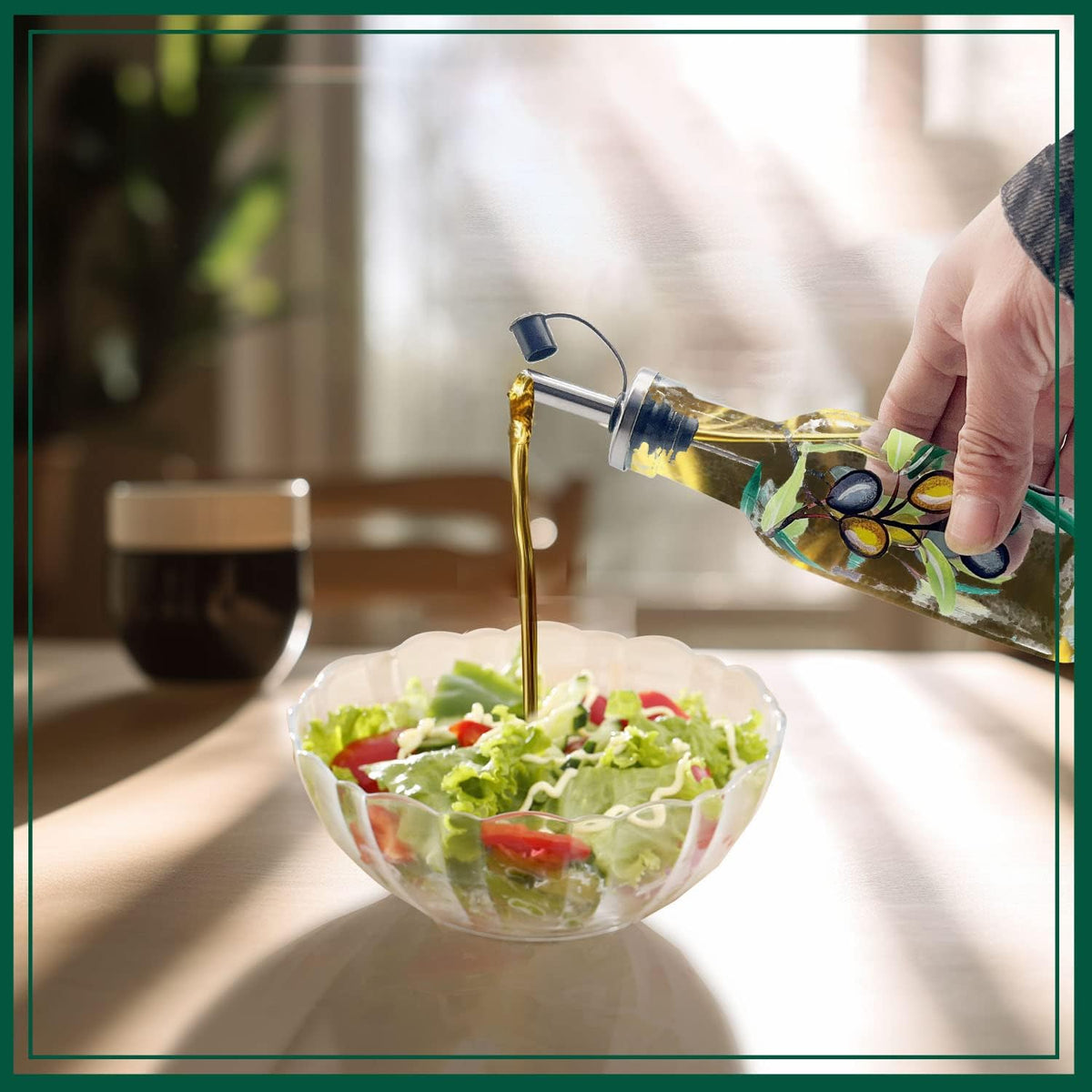 7oz Hand Painted Glass Olive Oil Bottle Dispenser - 200ml Green Oil & Vinegar Cruet with Pourers - Olive Oil Carafe Decanter for Kitchen