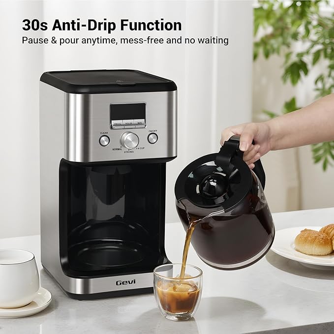 Gevi 14-Cup Programmable Coffee Maker, Drip Coffee Machine with Normal & Strong Brew for Home and Office, Glass Carafe, 2-Hour Keep Warm, Pause & Serve, Auto Shut Off, Silver