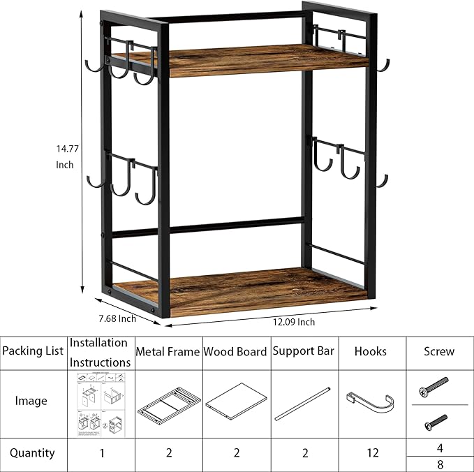 Dorhors 2 Tier Coffee Bar Accessories and Organizer,Multi-functional Mug Holder with 12 Hooks,Wood Coffee Station Organizer,Kitchen Countertop Shelf (Rustic Brown)