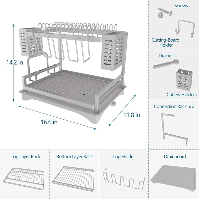 B-Land Dish Drying Rack: 2 Tier Dish Racks for Kitchen Counter - Large Rust Proof Dish Drying Rack with Aluminum - Detachable Dish Drainer Organizer with Utensil Holders Drainboard Silver