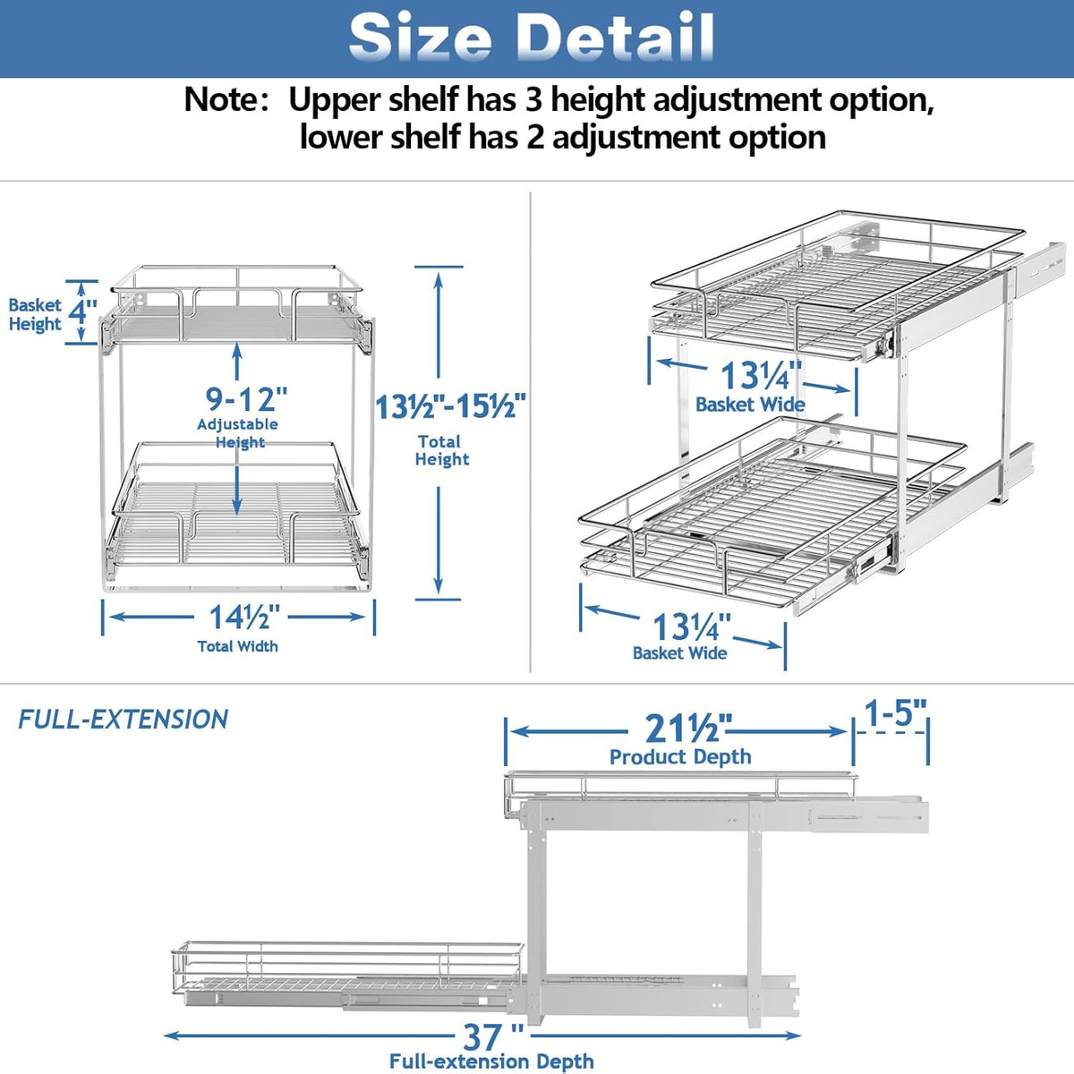 ROOMTEC Individual Pull Out Cabinet Organizer (14½" W x 21½" D), 2 Tier Spice Rack Organizer for Cabinet, Slide Out Drawer Pantry Shelf Organization and Storage for Kitchen Bathroom